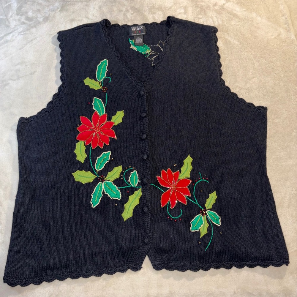 Vintage Designers Originals Studio Poinsettia Christmas Sweater Vest 2X Black